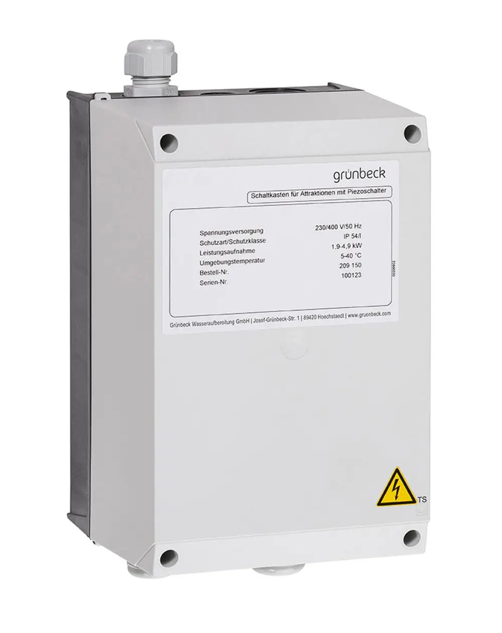 Schaltkasten von Grünbeck mit Anschlussmöglichkeiten, IP54, zur Stromversorgung für Piezoschalter, Temperaturbereich von 5 bis 40 °C, Spannung 230/400 V, 50 Hz.